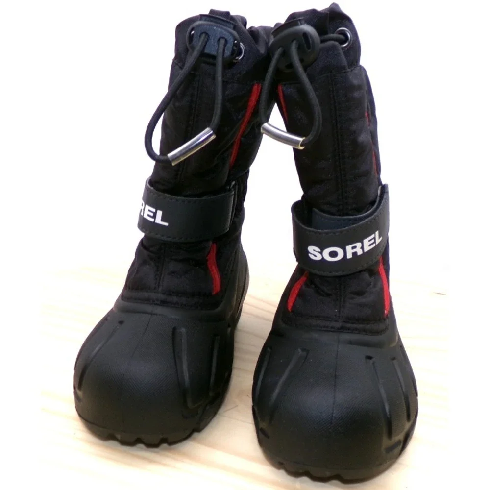 Sorel Flurry Snow Boots Youth Kids Black Red Size 12 Mid Calf Nylon Adustable‎